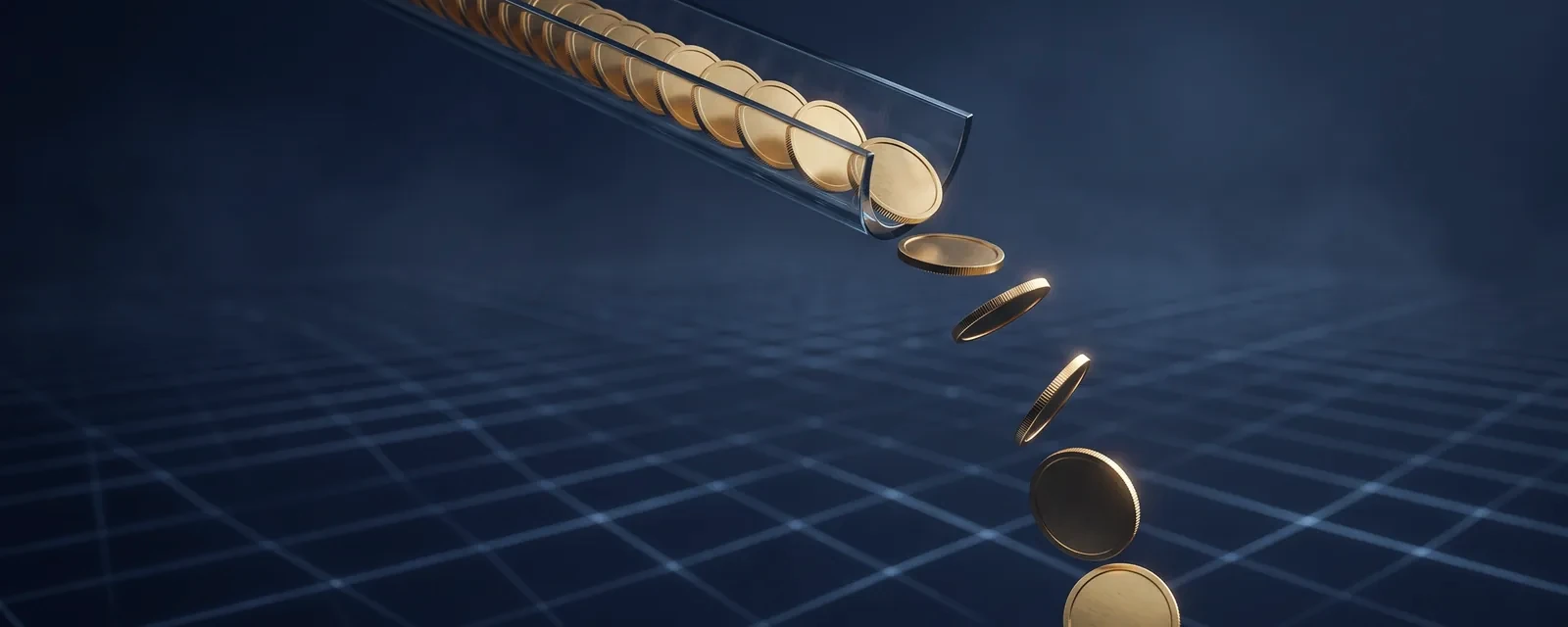 Gold coins released one by one from a channel, representing measured issuance