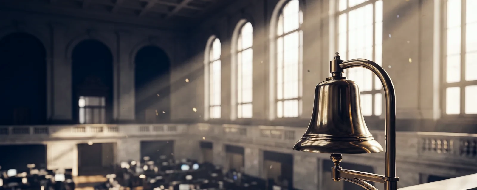 Ceremonial brass bell overlooking a historic exchange trading floor