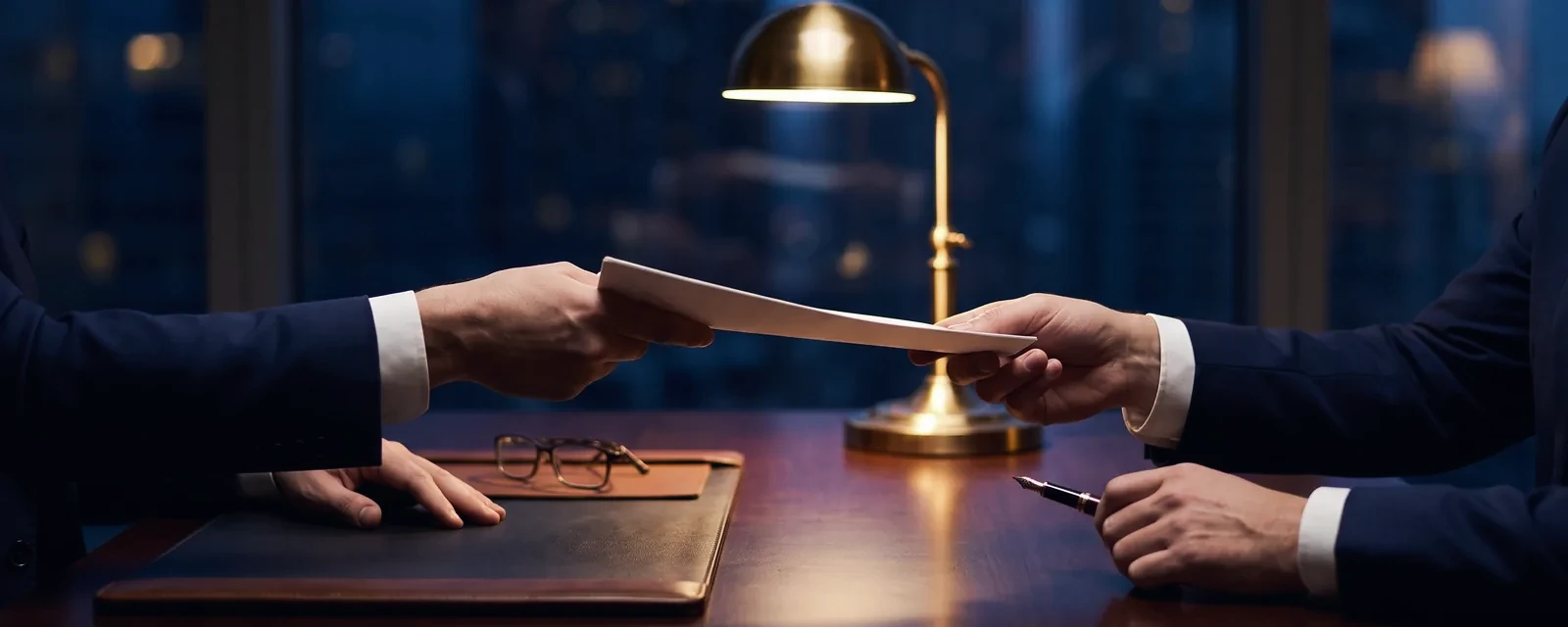 Two parties exchanging a document across a desk in a negotiated transaction