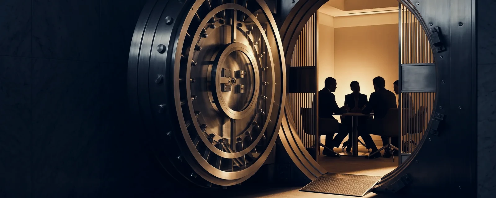 Private meeting seen through an open bank vault door