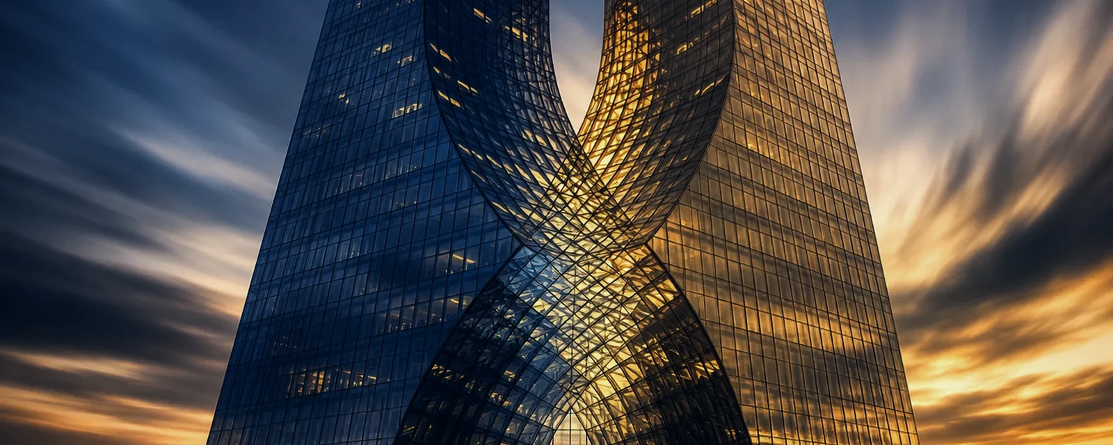 Two glass towers merging into a single structure at dusk