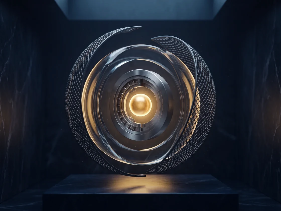 A radiant gold core protected by concentric shells of lattice, glass and steel