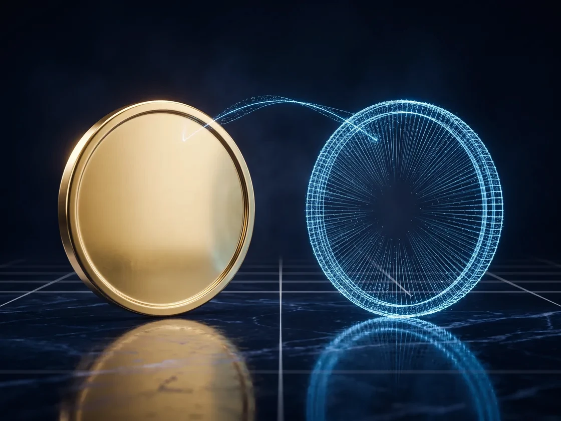 A solid gold disc beside its identical glowing digital wireframe twin, connected by a thread of light