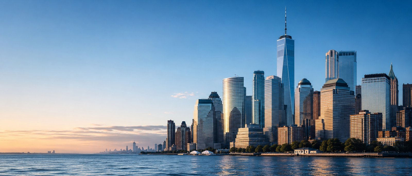 New York City financial district skyline at golden hour
