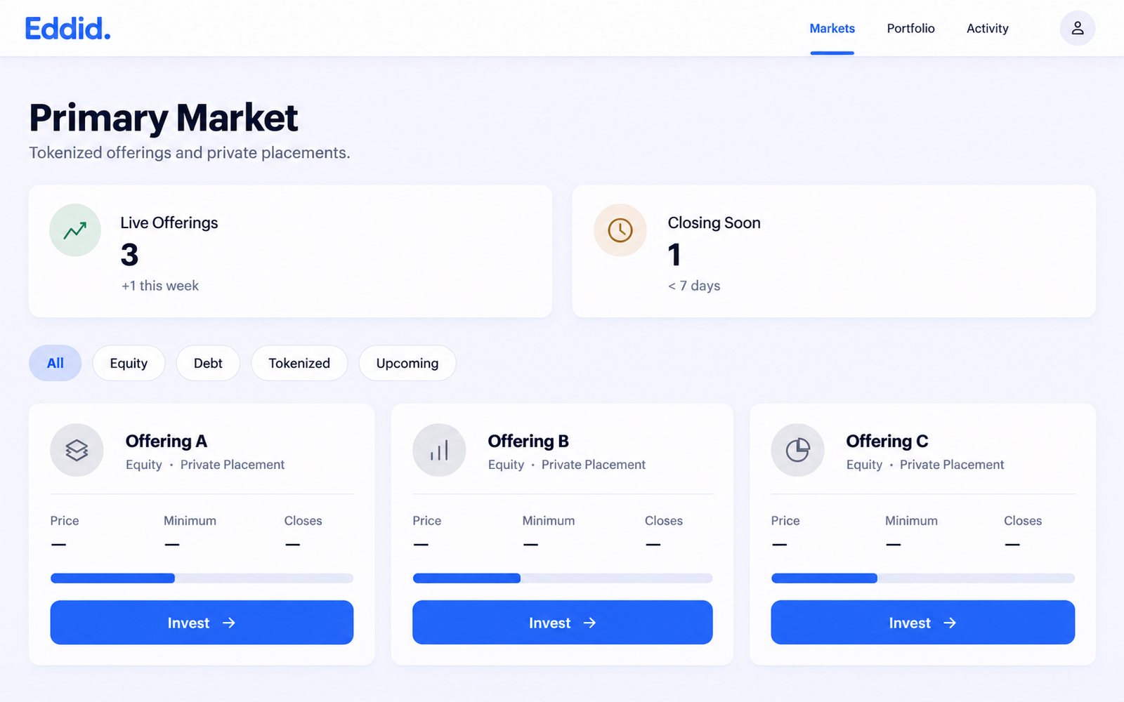 The platform Primary Market screen listing sample offerings with price, minimum and closing date