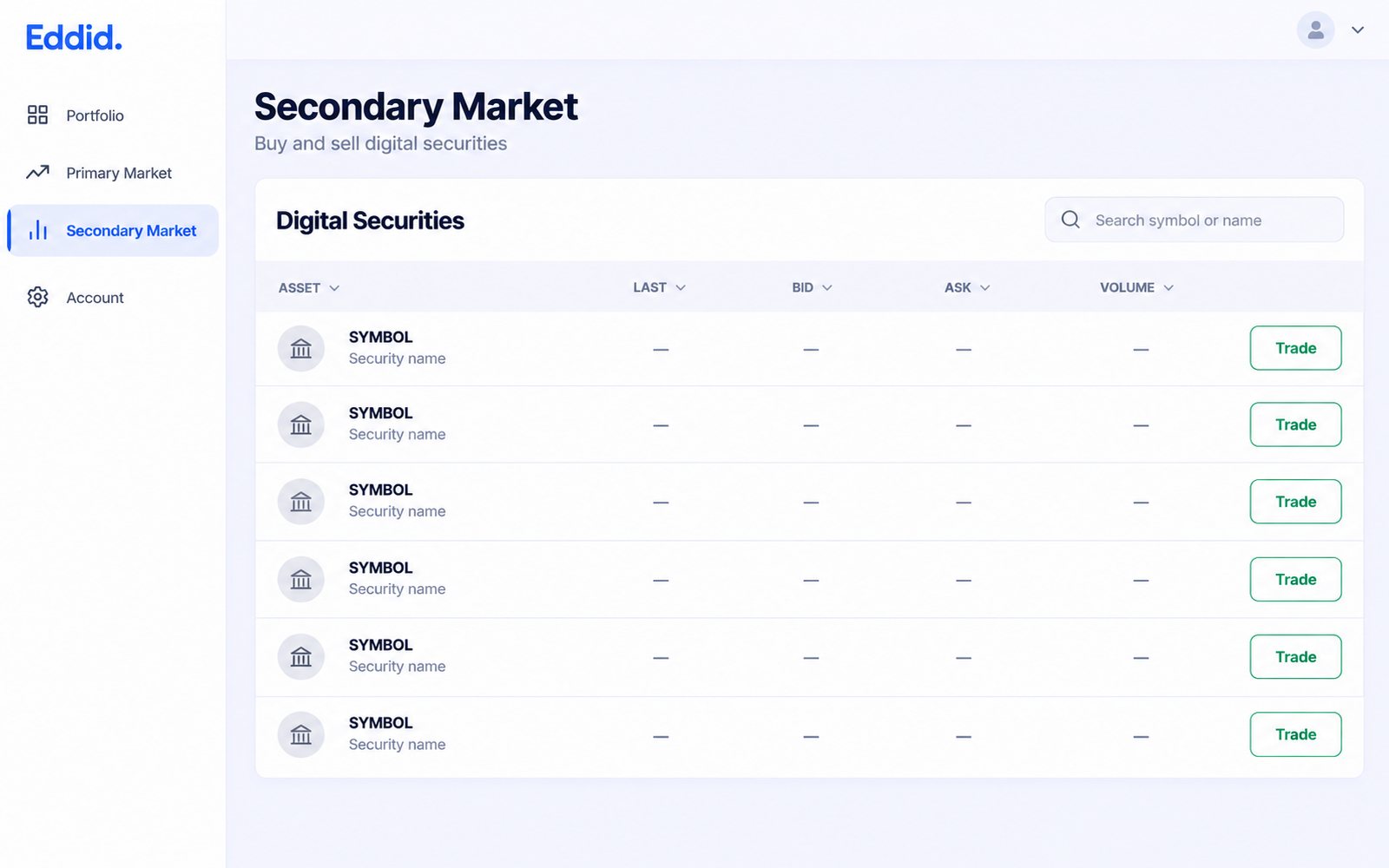 The platform Secondary Market screen showing a table of digital securities with last, bid, ask and volume